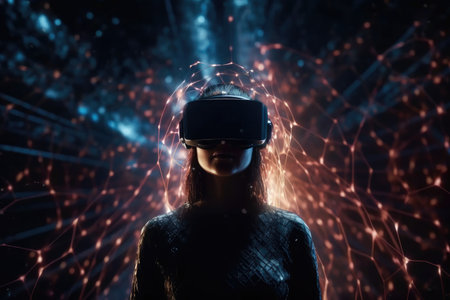 Photo of a woman with a VR headset standing in front of a glowing background with a sparkling futuristic scene.の素材