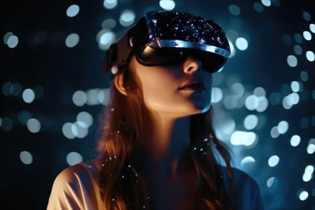 Photo of a woman with a VR headset standing in front of a glowing background with a sparkling futuristic scene.の素材