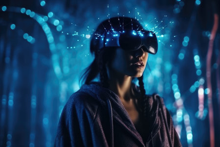 Photo of a woman with a VR headset standing in front of a glowing background with a sparkling futuristic scene.の素材