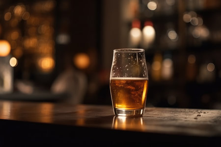 Glass of beer on a table in a bar on blurred bokeh effect backgroundの素材