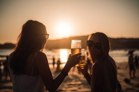 Female friends cheering with beer at music festival, summer beach party, sunsetの素材