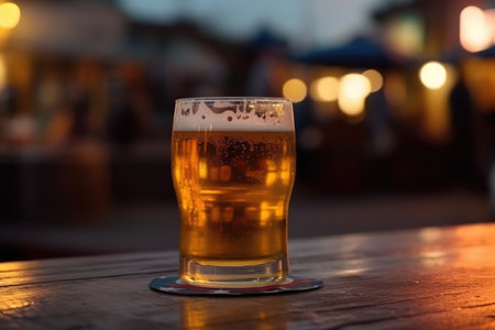 Glass of beer on a table in a bar on blurred bokeh effect backgroundの素材