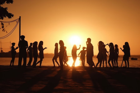 Silhouettes of People Dancing Summer Beach Party Concept Imageの素材