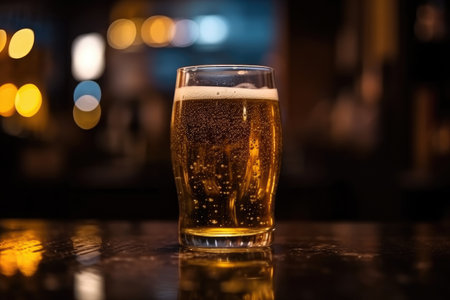 Glass of beer on a table in a bar on blurred bokeh effect backgroundの素材