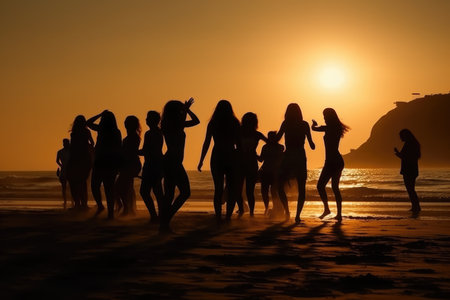Silhouettes of People Dancing Summer Beach Party Concept Imageの素材