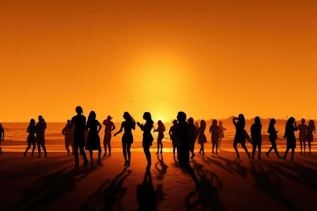 Silhouettes of People Dancing Summer Beach Party Concept Imageの素材