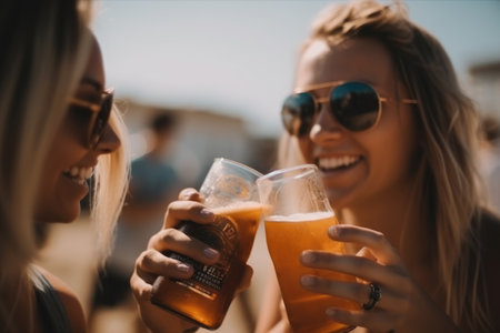 Female friends cheering with beer at music festival, summer beach party, sunsetの素材