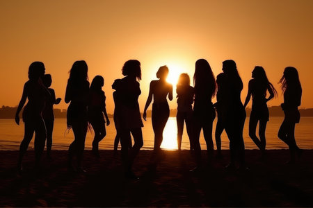 Silhouettes of People Dancing Summer Beach Party Concept Imageの素材