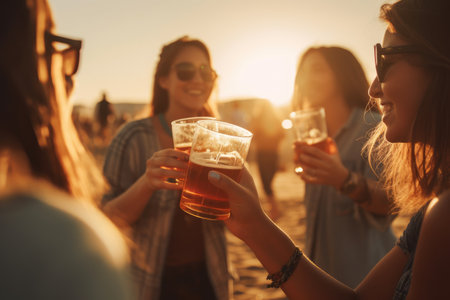 Female friends cheering with beer at music festival, summer beach party, sunsetの素材