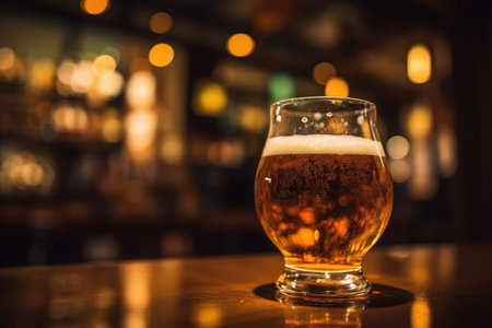 Glass of beer on a table in a bar on blurred bokeh effect backgroundの素材