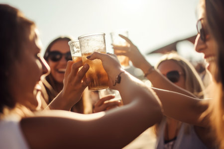 Female friends cheering with beer at music festival, summer beach party, sunsetの素材