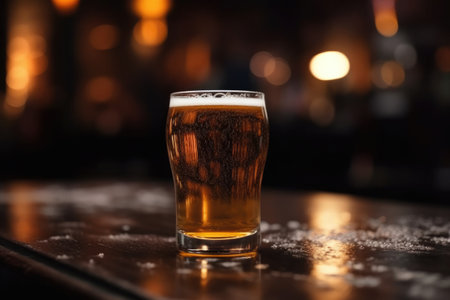 Glass of beer on a table in a bar on blurred bokeh effect backgroundの素材