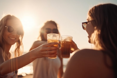 Female friends cheering with beer at music festival, summer beach party, sunsetの素材