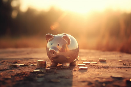 Piggy bank and saved up money coins, kids roomの素材