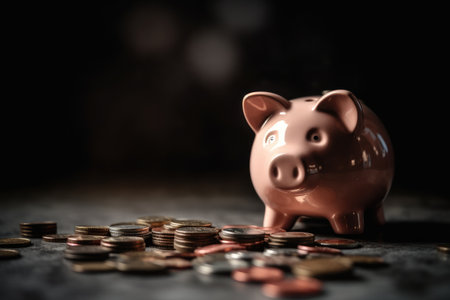 Piggy bank and saved up money coins, kids roomの素材