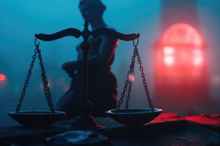 Legal concept. Silhouette of The Statue of Justice on with lights at foggy background imageの素材