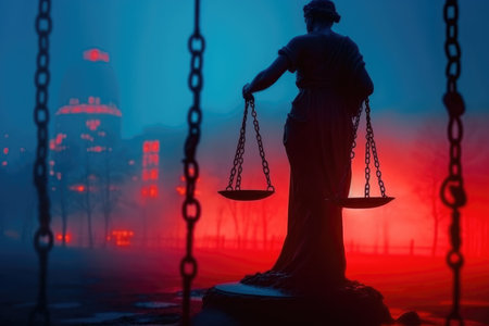 Legal concept. Silhouette of The Statue of Justice on with lights at foggy background imageの素材