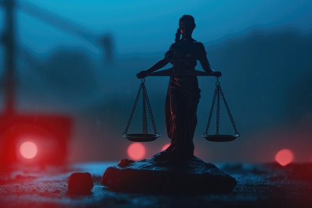 Legal concept. Silhouette of The Statue of Justice on with lights at foggy background imageの素材