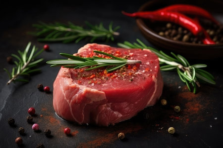 Raw fillet meat on black board with pepper seasoning and green rosemary. Generative AIの素材
