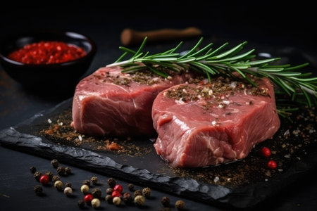 Raw fillet meat on black board with pepper seasoning and green rosemary. Generative AIの素材