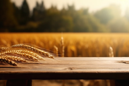 Empty wooden table in front of golden ears of wheat background image. Generative AIの素材