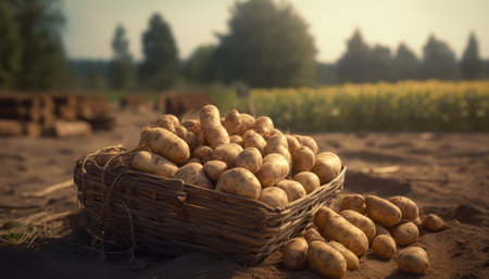 A basket of potatoes on a rustic table of potatoes field background. Generative AIの素材