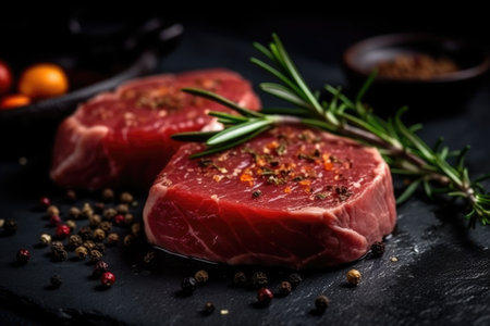 Raw fillet meat on black board with pepper seasoning and green rosemary. Generative AIの素材