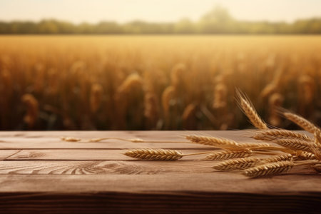 Empty wooden table in front of golden ears of wheat background image. Generative AIの素材