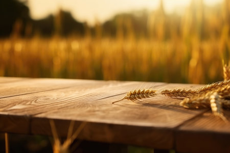 Empty wooden table in front of golden ears of wheat background image. Generative AIの素材
