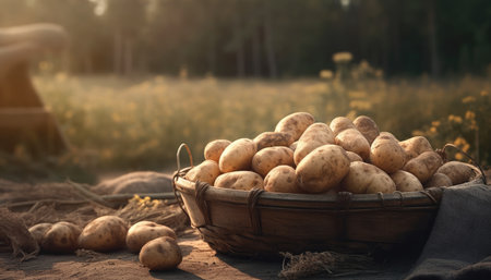 A basket of potatoes on a rustic table of potatoes field background. Generative AIの素材