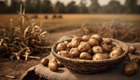 A basket of potatoes on a rustic table of potatoes field background. Generative AIの素材