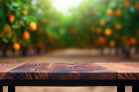 Wooden table for product and merchandise display and orange trees in the background. Generative AIの素材
