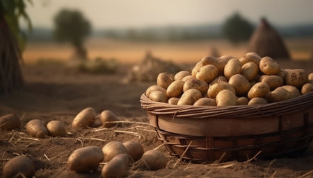A basket of potatoes on a rustic table of potatoes field background. Generative AIの素材
