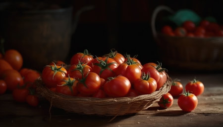 A basket of tomatoes on a rustic table of tomatoes field background. Generative AIの素材