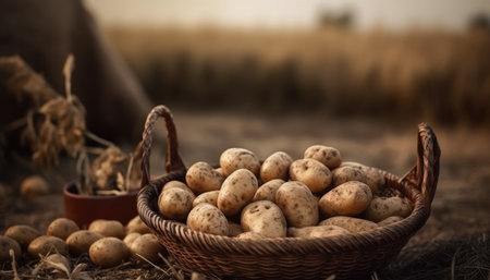 A basket of potatoes on a rustic table of potatoes field background. Generative AIの素材