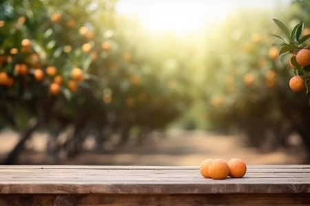 Wooden table for product and merchandise display and orange trees in the background. Generative AIの素材