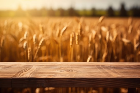 Empty wooden table in front of golden ears of wheat background image. Generative AIの素材