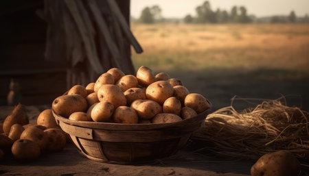 A basket of potatoes on a rustic table of potatoes field background. Generative AIの素材