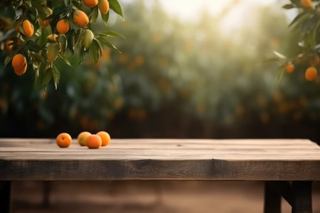 Wooden table for product and merchandise display and orange trees in the background. Generative AIの素材