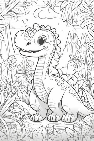 Coloring book for kids with a dinosaur hand-painted in cartoon style, tyrannosaurus.の素材