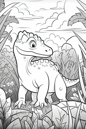 Coloring book for kids with a dinosaur hand-painted in cartoon style, tyrannosaurus.の素材