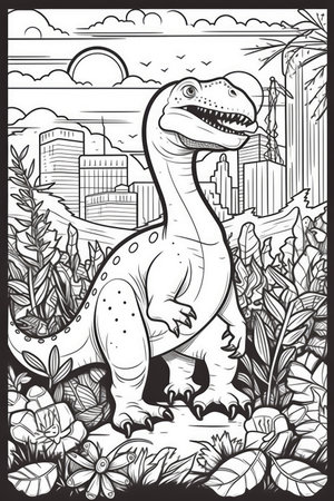 Coloring book for kids with a dinosaur hand-painted in cartoon style, tyrannosaurus.の素材