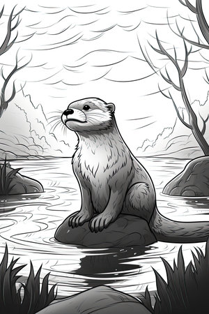 Coloring book page. Cartoon animals for kids, otter.の素材