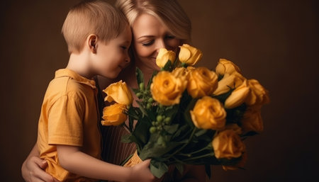 Little boy holding flowers, hugging his mother and celebrating mother's day.の素材