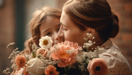Little girl holding flowers, hugging her mother and celebrating mother's day.の素材