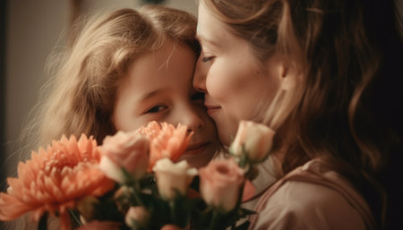 Little girl holding flowers, hugging her mother and celebrating mother's day.の素材