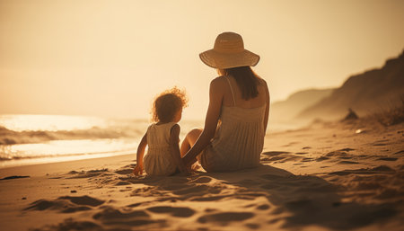 Mother and child enjoying a leisurely day at the beach, with the sea and sun providing a beautiful backdrop. Mother's Day.の素材
