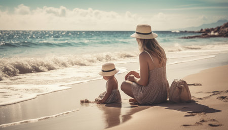 Mother and child enjoying a leisurely day at the beach, with the sea and sun providing a beautiful backdrop. Mother's Day.の素材