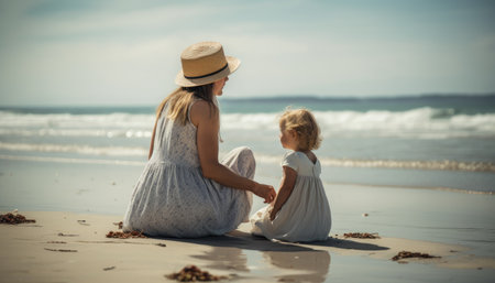 Mother and child enjoying a leisurely day at the beach, with the sea and sun providing a beautiful backdrop. Mother's Day.の素材