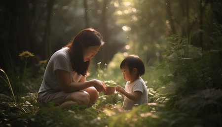 Mother and child spending quality time together in a natural setting, such as a park or garden. Mother's Day.の素材